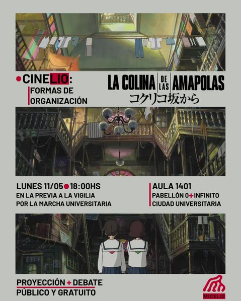 Poster de la proyección con una imágen de la película partida en tres horizontalmente y la información de fecha, hora y lugar intercalada. Fondo blanco, letras negras y algunas decoraciones en rojo. El logo de Micelio abajo a la derecha en negro sobre rojo.